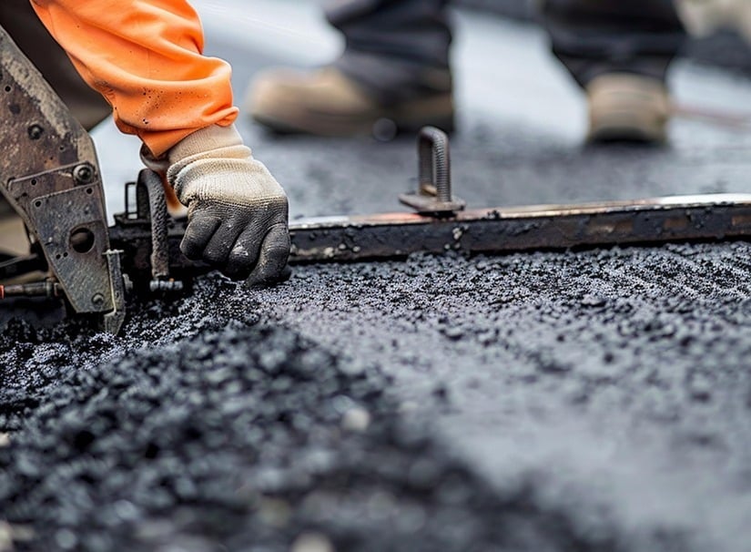 Worker in an orange jacket and gloves smooths fresh black asphalt with a tool. Another person's boots are visible in the background. The scene is a close-up of roadwork in progress.